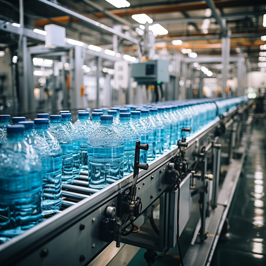water bottles in the industrial production process in conveyor line, factory process, coveyor line, background are factory